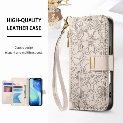 Θήκη Leather Flowers Leaves Zipper with Strap iPhone 17 Pro Max (6.9") Beige