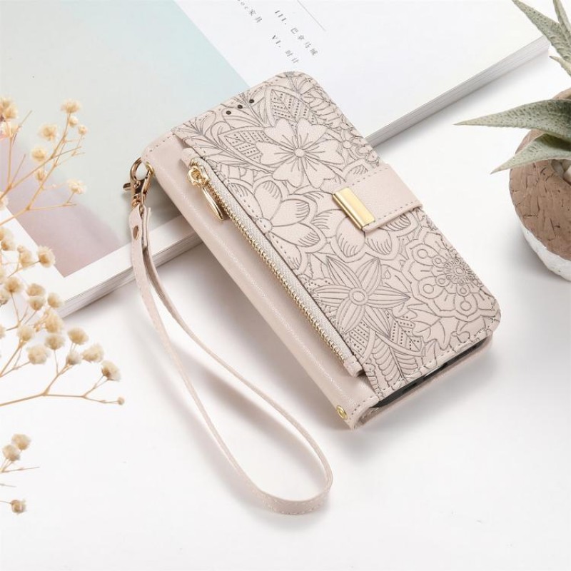 Θήκη Leather Flowers Leaves Zipper with Strap iPhone 17 Pro Max (6.9") Beige