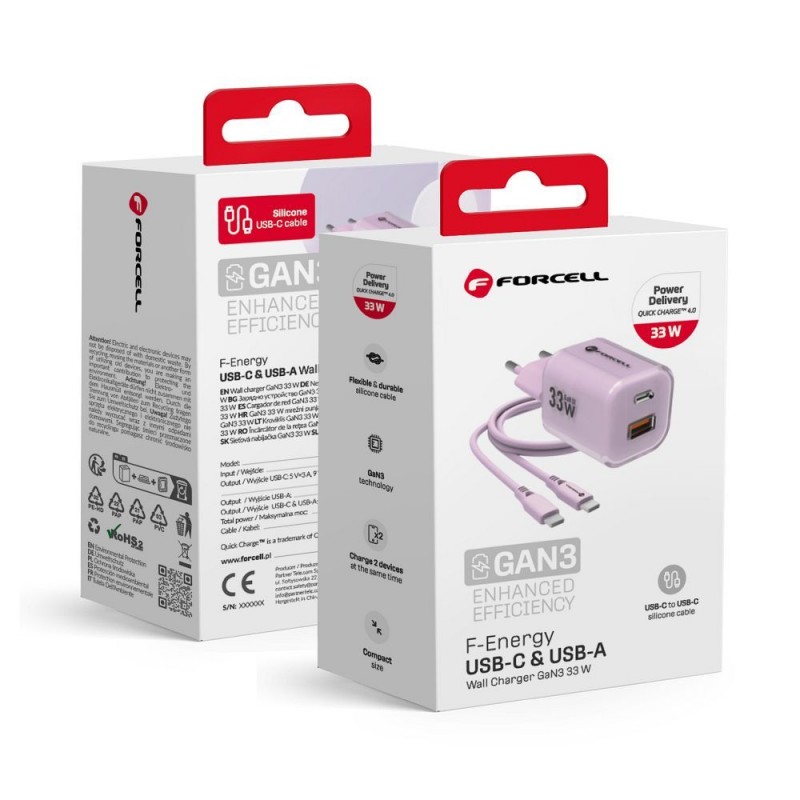 Φορτιστής Ταξιδίου Forcell F-Energy Crystal Color GaN III VT-41Travel Charger with 1xUSB-C and 1xUSB-A 33W & Silicone Cable USB-C to USB-C Purple