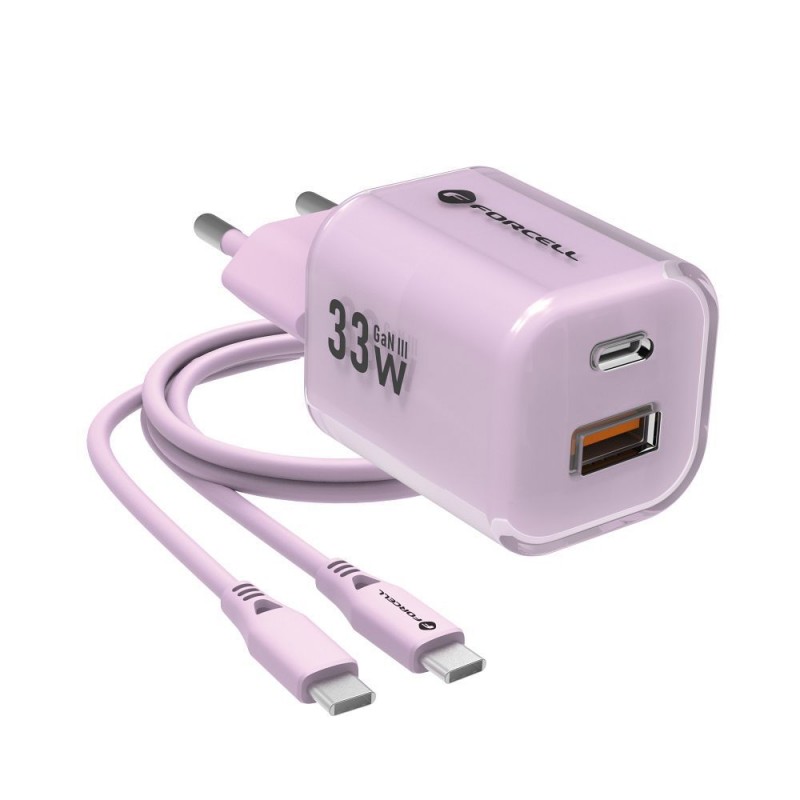 Φορτιστής Ταξιδίου Forcell F-Energy Crystal Color GaN III VT-41Travel Charger with 1xUSB-C and 1xUSB-A 33W & Silicone Cable USB-C to USB-C Purple