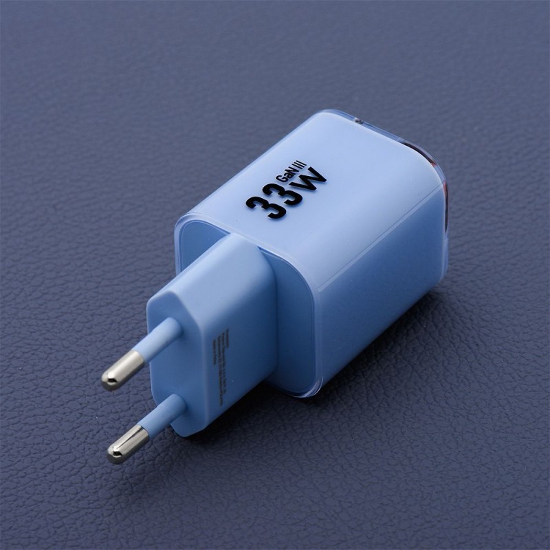 Φορτιστής Ταξιδίου Forcell F-Energy Crystal Color GaN III VT-41Travel Charger with 1xUSB-C and 1xUSB-A 33W & Silicone Cable USB-C to USB-C Blue