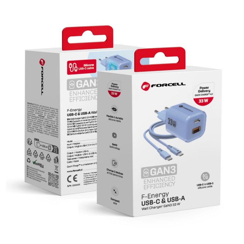Φορτιστής Ταξιδίου Forcell F-Energy Crystal Color GaN III VT-41Travel Charger with 1xUSB-C and 1xUSB-A 33W & Silicone Cable USB-C to USB-C Blue