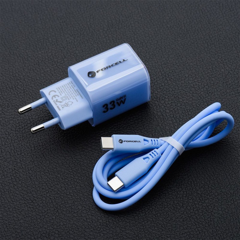Φορτιστής Ταξιδίου Forcell F-Energy Crystal Color GaN III VT-41Travel Charger with 1xUSB-C and 1xUSB-A 33W & Silicone Cable USB-C to USB-C Blue