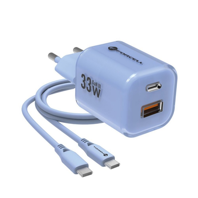 Φορτιστής Ταξιδίου Forcell F-Energy Crystal Color GaN III VT-41Travel Charger with 1xUSB-C and 1xUSB-A 33W & Silicone Cable USB-C to USB-C Blue