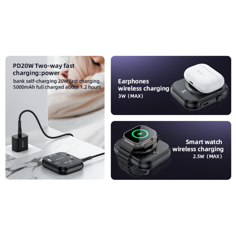 Εξωτερική Μπαταρία Yesido YP59 3 in 1 Type C Magnetic Induction Powerbank 5000mAh 15W Black