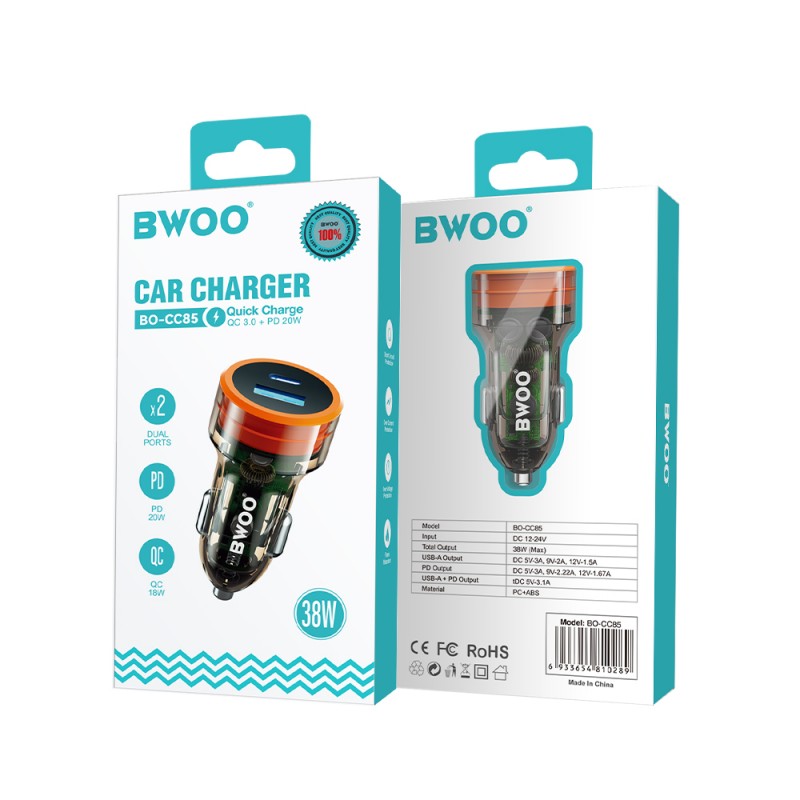 Φορτιστής Αυτοκινήτου BWOO PD Fast Charging USB-A USB-C Car Charger 38W Transparent Φορτιστής Αυτοκινήτου BWOO PD Fast Charging USB-A USB-C Car Charger 38W Transparent