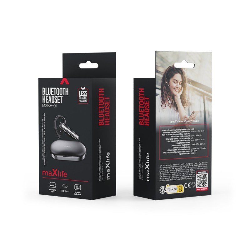 Ακουστικό Bluetooth Maxlife Bluetooth Headset MXBH-01 with Charging Case Black