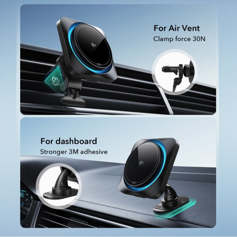 Βάση Αυτοκινήτου ESR Halolock Cryoboost Magnetic Magsafe Dashboard & Vent Car Mount Wireless Charger QI2 15W Frosted Onyx