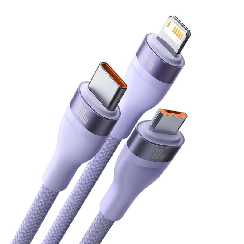 Καλώδιο Baseus Cable Flash Series II 3 in 1 - USB to Type C, Lightning, Micro USB 100W 6A 1,2m (CASS030005) Purple