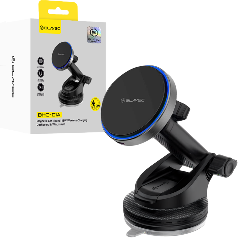 Βάση Αυτοκινήτου Blavec Car Holder Magnetic with Wireless Charging to Windshield & Dashboard 15W (BHC01A-MWIB) Black