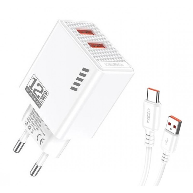 Φορτιστής Ταξιδιού KAKUSIGA Fast Charge KSC-1238 2X USB 12W with USB to Type C Cable White
