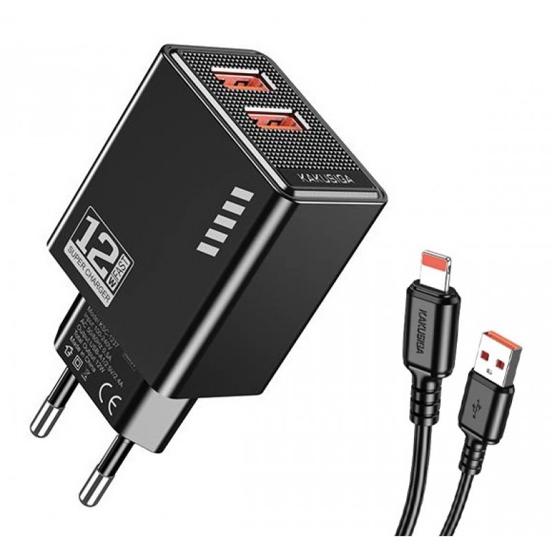 Φορτιστής Ταξιδιού KAKUSIGA Fast Charge KSC-1238 2X USB 12W with USB to Lightning Cable Black