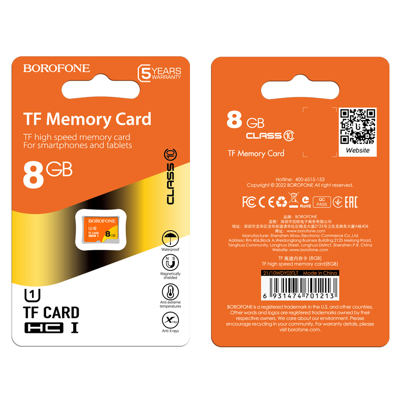 Borofone Memory Card MicroSD 8GB SDHC Class10 75MB/s