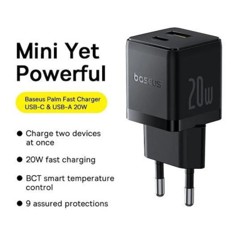 Φορτιστής Ταξιδιού Baseus Palm Wall Charger 1xUSB-C & 1xUSB-A 20W Black (P10111608113-00)