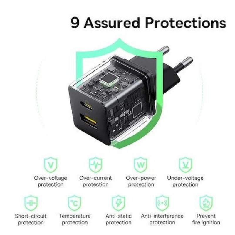 Φορτιστής Ταξιδιού Baseus Palm Wall Charger 1xUSB-C & 1xUSB-A 20W Black (P10111608113-00)