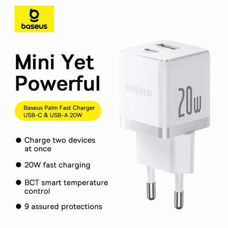 Φορτιστής Ταξιδιού Baseus Palm Wall Charger 1xUSB-C & 1xUSB-A & USB-C to USB-C Cable 20W White (P10111608213-01)