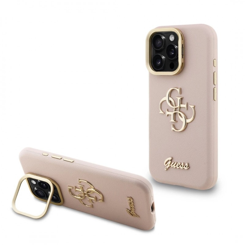 Θήκη Guess PU Grained 4G Logo Stand Camera Frame Cover Apple iPhone 15 Pro Max (6.7") Pink