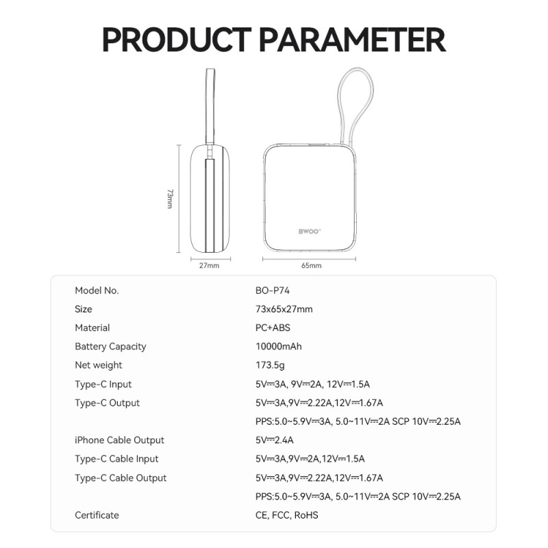 Εξωτερική Μπαταρία BWOO PowerBank P74  with 2 Built-In Cables 1 x USB-C + 1 x Lightning 22.5W 10000 mAh Black