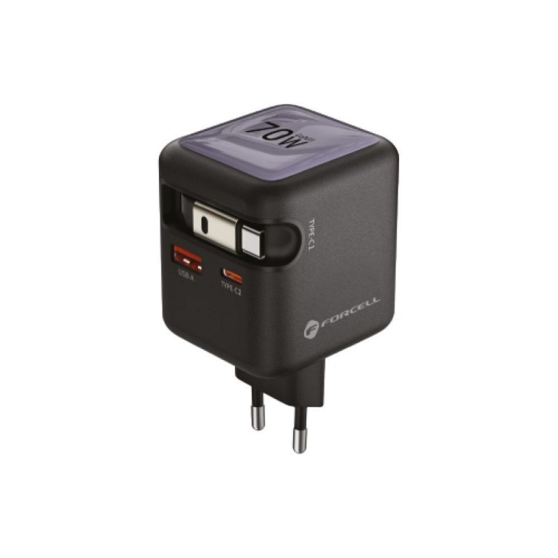Φορτιστής Ταξιδίου Forcell F-Energy GaN VT-R7 Travel Charger with 1xUSB-C and 1xUSB-A 70W & Retractable Cable USB-C Gray