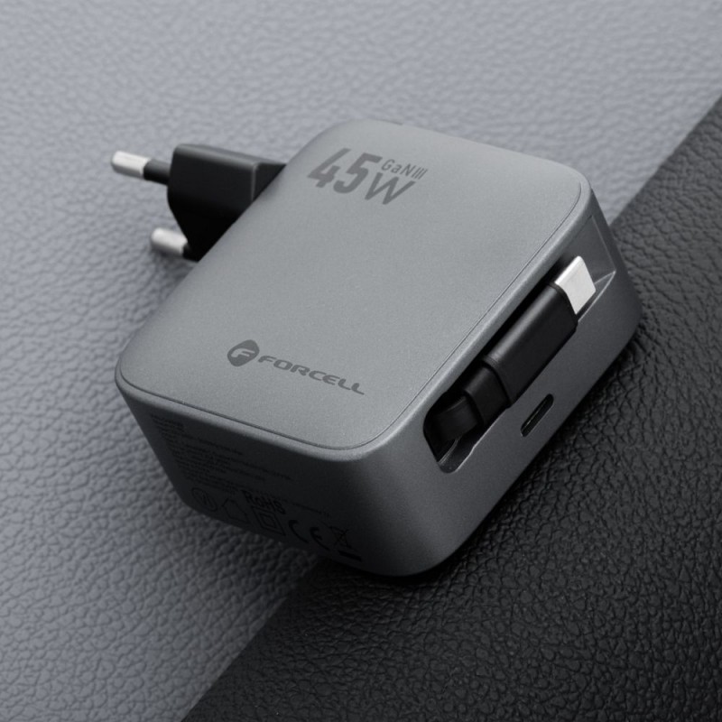 Φορτιστής Ταξιδίου Forcell F-Energy GaN VT-R5 Travel Charger with 1xUSB-C 3A 45W & Retractable Cable USB-C Gray