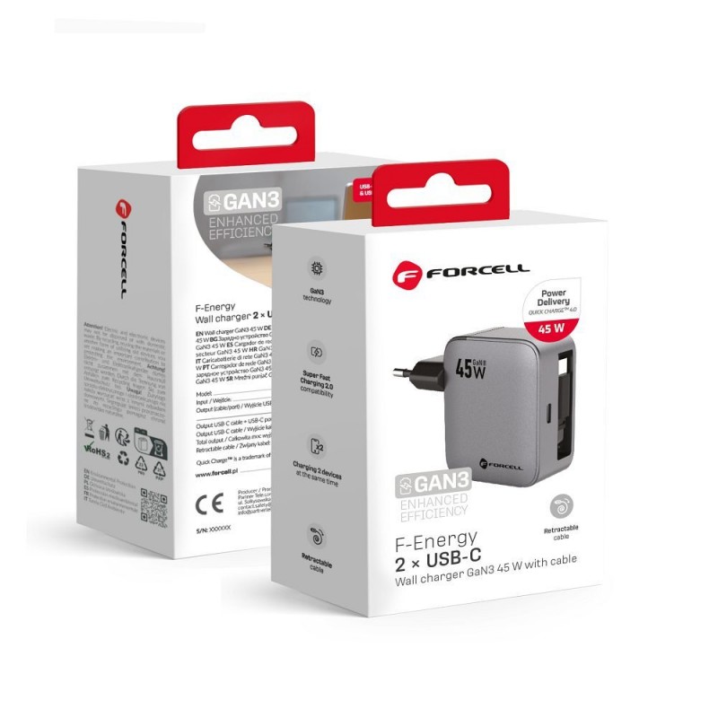 Φορτιστής Ταξιδίου Forcell F-Energy GaN VT-R5 Travel Charger with 1xUSB-C 3A 45W & Retractable Cable USB-C Gray