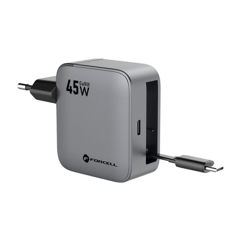 Φορτιστής Ταξιδίου Forcell F-Energy GaN VT-R5 Travel Charger with 1xUSB-C 3A 45W & Retractable Cable USB-C Gray