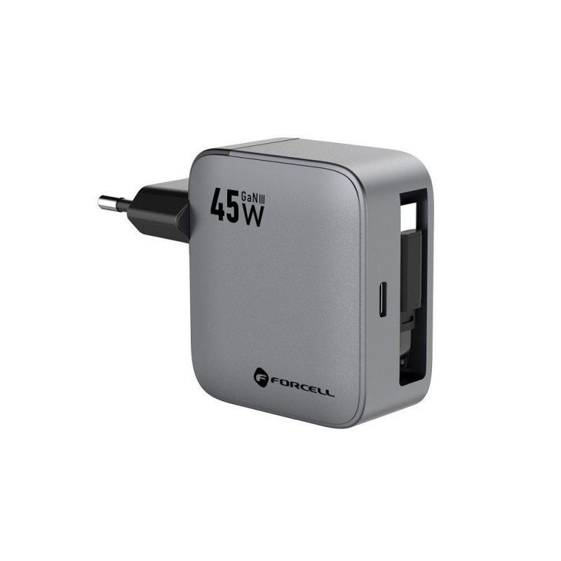 Φορτιστής Ταξιδίου Forcell F-Energy GaN VT-R5 Travel Charger with 1xUSB-C 3A 45W & Retractable Cable USB-C Gray