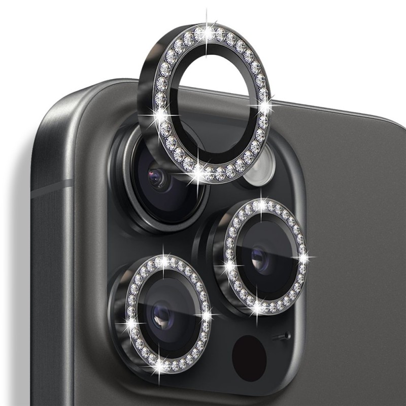 Γυαλί Προστασίας Eagle Eye Camera Lens with Metal Ring Glitter Black iPhone 16 Pro (6.3'')/16 Pro Max (6.9") Tempered Glass 9H AntiCrash / AntiShock