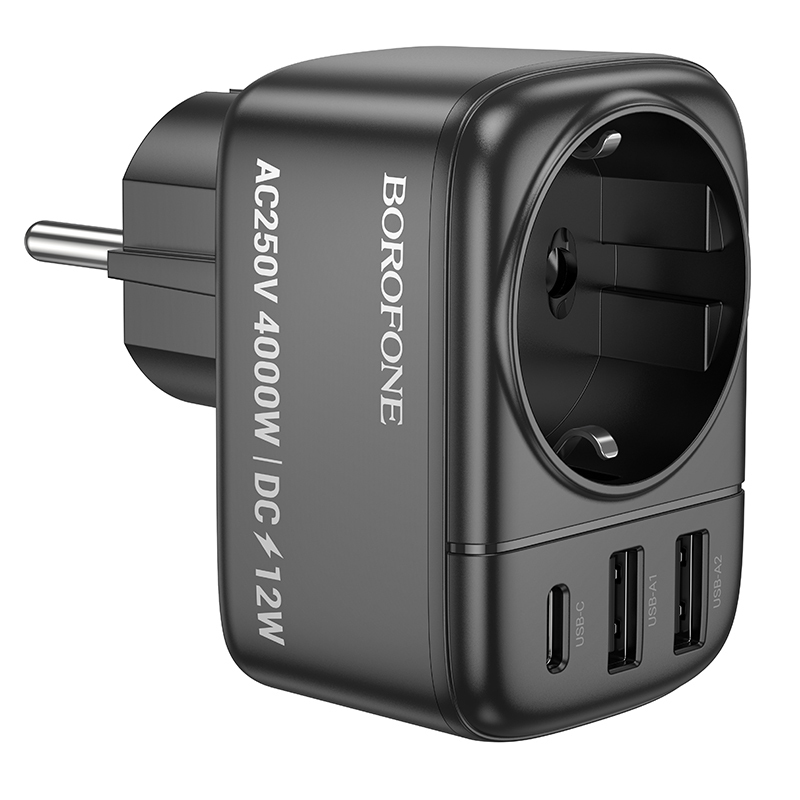 Φορτιστής Borofone Wall Charger BAC14 Wide - 2xUSB-A + Type C + Outlet 12W Black