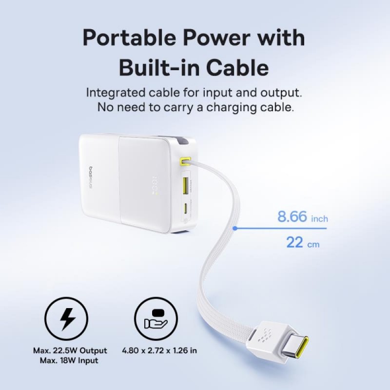 Εξωτερική Μπαταρία Baseus Enerfill FC51 Bipow2 Pro Powerbank 20000mAh USB-A with Retractable Cable USB-C 22.5W White