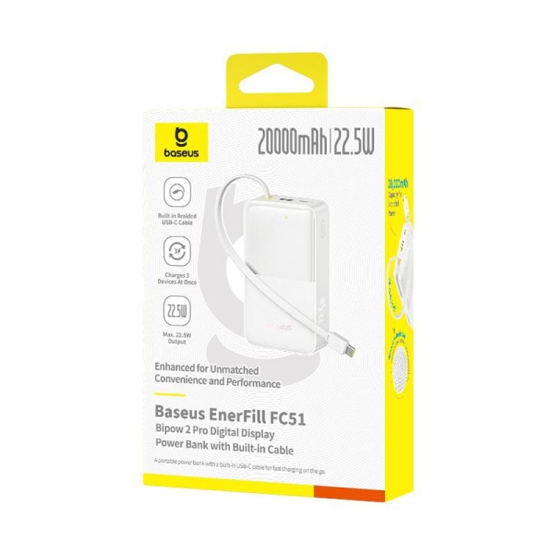 Εξωτερική Μπαταρία Baseus Enerfill FC51 Bipow2 Pro Powerbank 20000mAh USB-A with Retractable Cable USB-C 22.5W White