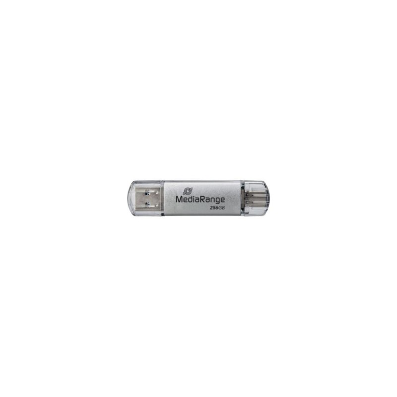 MediaRange USB 3.2 Gen1 Combo Flash Memory Drive with USB-A and USB-C with Protective Caps 256GB Silver (MR939-1)