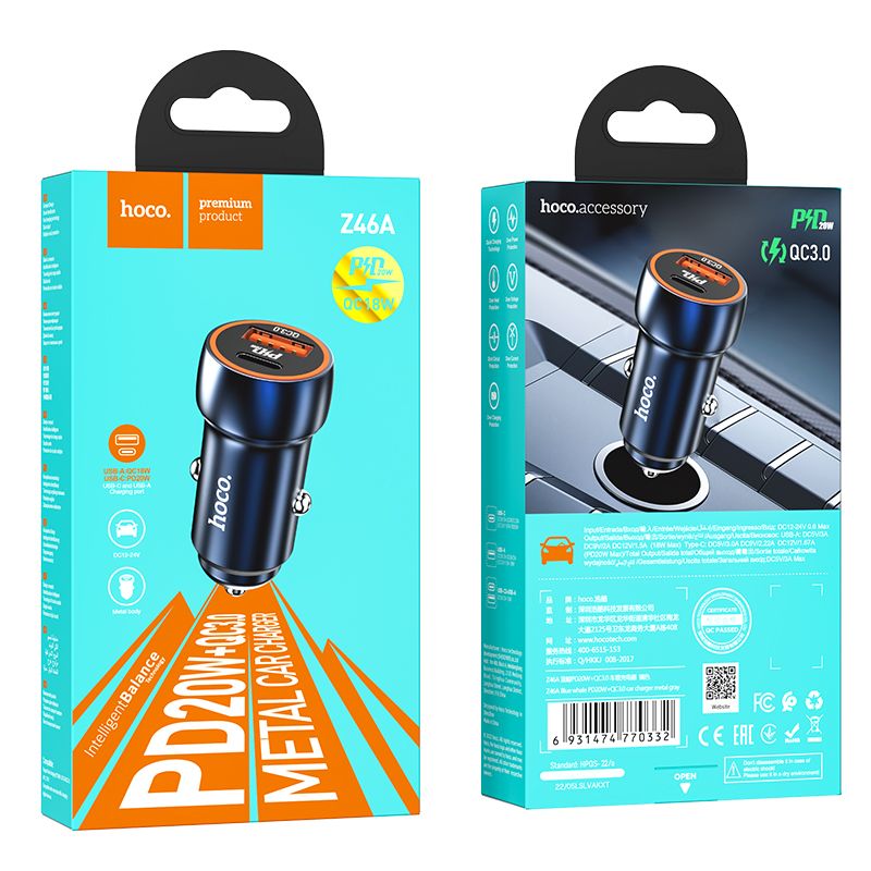 Φορτιστής Αυτοκινήτου HOCO Z46A USB-A &l Type-C Car Charger PD QC3.0 3A 20W Sapphire Blue