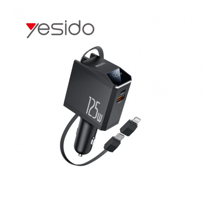 Φορτιστής Αυτοκινήτου Yesido Car Charger Y71 125W Fast Charging 4in1 LED 1x USB-C  & 1x USB-A with 1x Lightning & 1xUSB-C Retractable Cable  65W Black