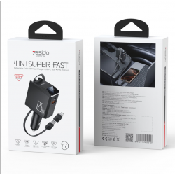 Φορτιστής Αυτοκινήτου Yesido Car Charger Y71 125W Fast Charging 4in1 LED 1x USB-C  & 1x USB-A with 1x Lightning & 1xUSB-C Retractable Cable  65W Black