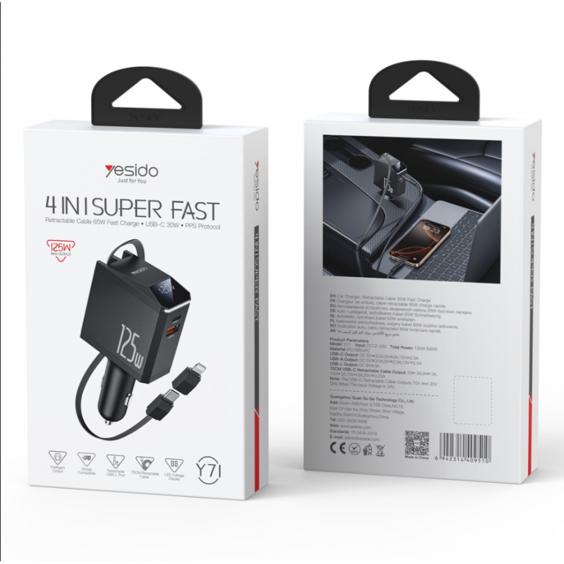 Φορτιστής Αυτοκινήτου Yesido Car Charger Y71 125W Fast Charging 4in1 LED 1x USB-C  & 1x USB-A with 1x Lightning & 1xUSB-C Retractable Cable  65W Black