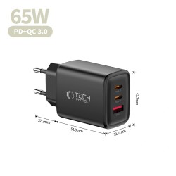 Φορτιστής Ταξιδίου Tech-Protect NCA65W GaN3 Port Network Charger QC3.0  PD 65W Black
