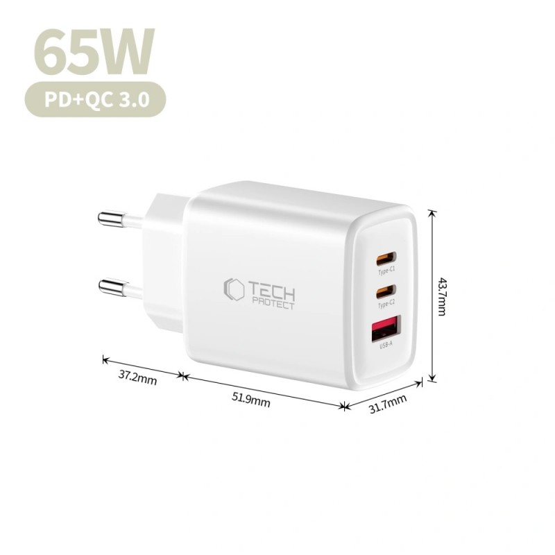 Φορτιστής Ταξιδίου Tech-Protect NCA65W GaN3 Port Network Charger QC3.0  PD 65W White