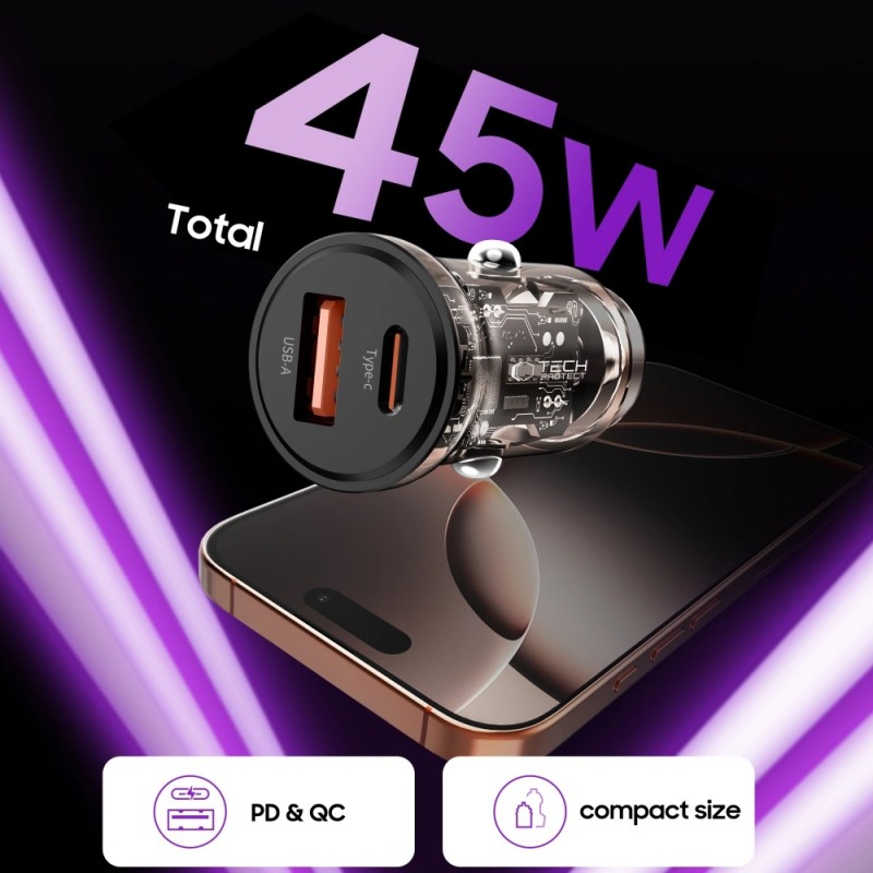 Φορτιστής Αυτοκινήτου Tech-Protect Car Charger CC01 1xUSB-A & 1xUSB-C - QC 3.0 PD 45W Βlack