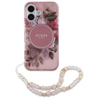 Θήκη Guess  IML Flowers Strap MagSafe Case Apple iPhone 16 Plus (6.7") Pink