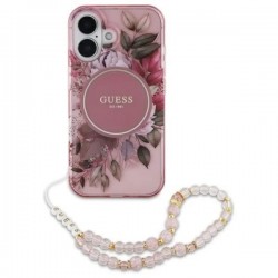 Θήκη Guess  IML Flowers Strap MagSafe Case Apple iPhone 16 Plus (6.7") Pink