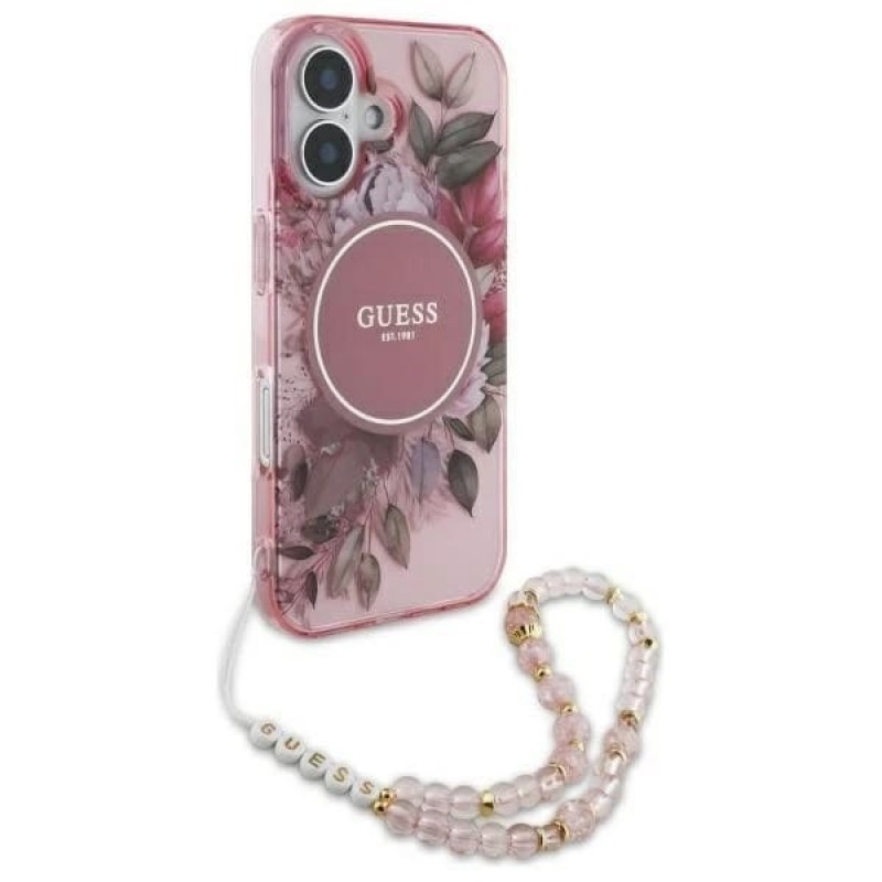 Θήκη Guess  IML Flowers Strap MagSafe Case Apple iPhone 16 Plus (6.7") Pink