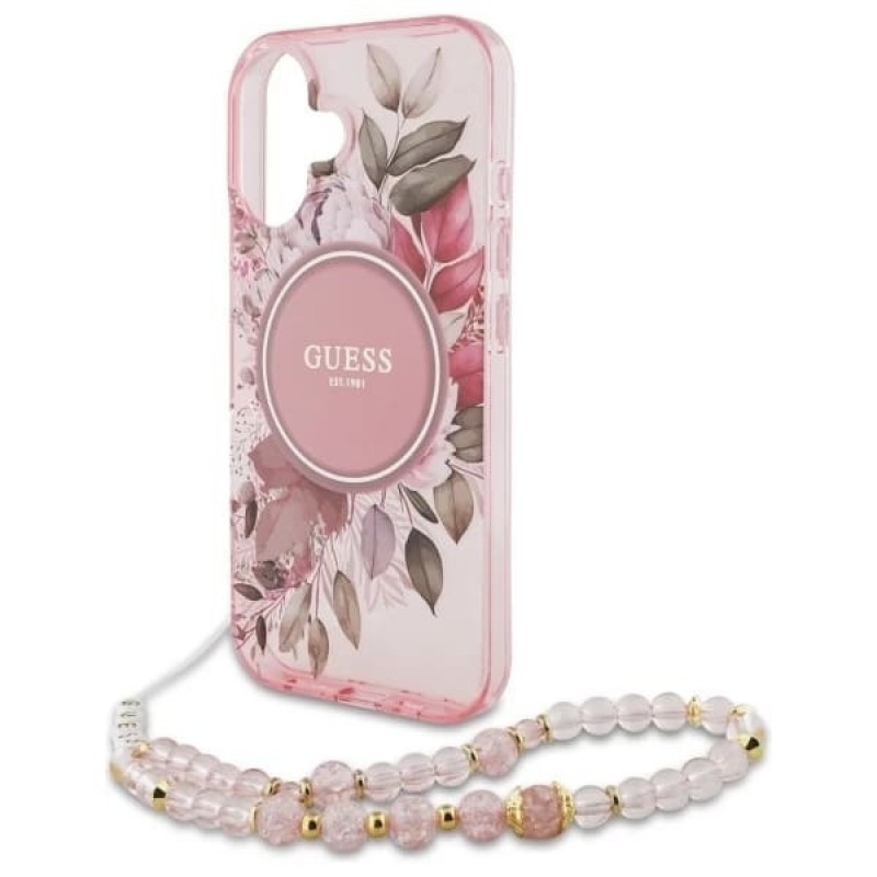 Θήκη Guess  IML Flowers Strap MagSafe Case Apple iPhone 16 Plus (6.7") Pink