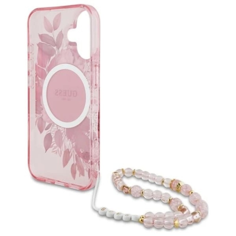 Θήκη Guess  IML Flowers Strap MagSafe Case Apple iPhone 16 Plus (6.7") Pink