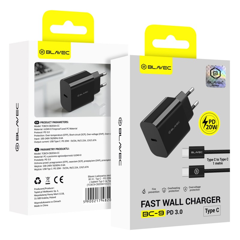 Φορτιστής Blavec Wall Charger BC-9 Type-C with Type-C to Type-C Cable 20W Black (TCBC9-CB203A+CC)