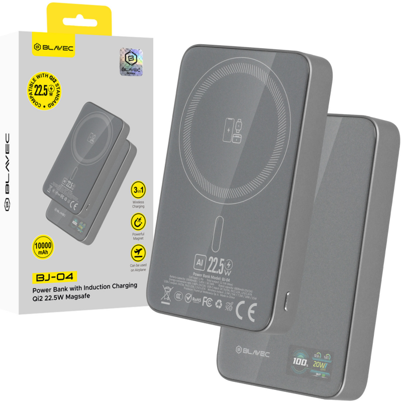 Εξωτερική Μπαταρία Blavec Powerbank 10000mAh BJ-04 Slim 13,5mm - Type C - 22,5W Magnetic Magsafe 3 in 1 (PBBJ04-MC10G) Grey Glass