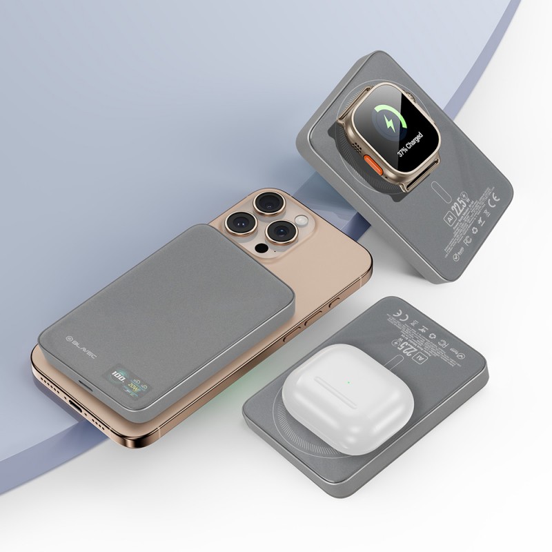 Εξωτερική Μπαταρία Blavec Powerbank 10000mAh BJ-04 Slim 13,5mm - Type C - 22,5W Magnetic Magsafe 3 in 1 (PBBJ04-MC10G) Grey Glass