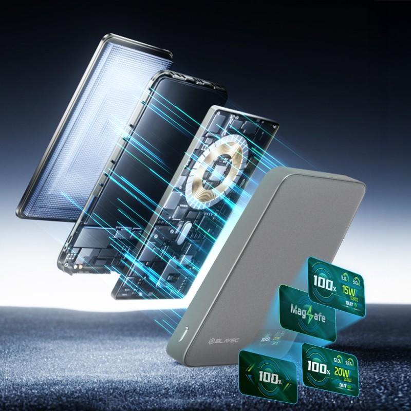 Εξωτερική Μπαταρία Blavec Powerbank 10000mAh BJ-04 Slim 13,5mm - Type C - 22,5W Magnetic Magsafe 3 in 1 (PBBJ04-MC10G) Grey Glass