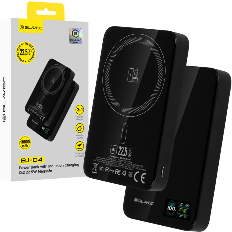 Εξωτερική Μπαταρία Blavec Powerbank 10000mAh BJ-04 Slim 13,5mm - Type C - 22,5W Magnetic Magsafe 3 in 1 (PBBJ04-MC10B) Black Glass