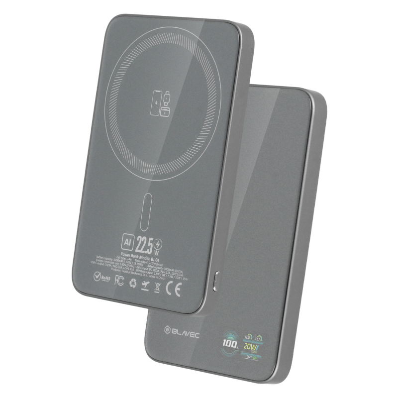 Εξωτερική Μπαταρία Blavec Powerbank 5000mAh BJ-04 Slim 7,8mm - Type C - 22,5W Magnetic Magsafe 3 in 1 (PBBJ04-MC5G) Grey Glass